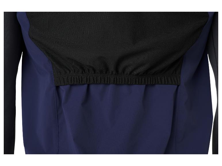 Donkerblauw softshell jack met zwarte mesh panelen.