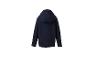 Donkerblauwe jas met capuchon, achterkant.