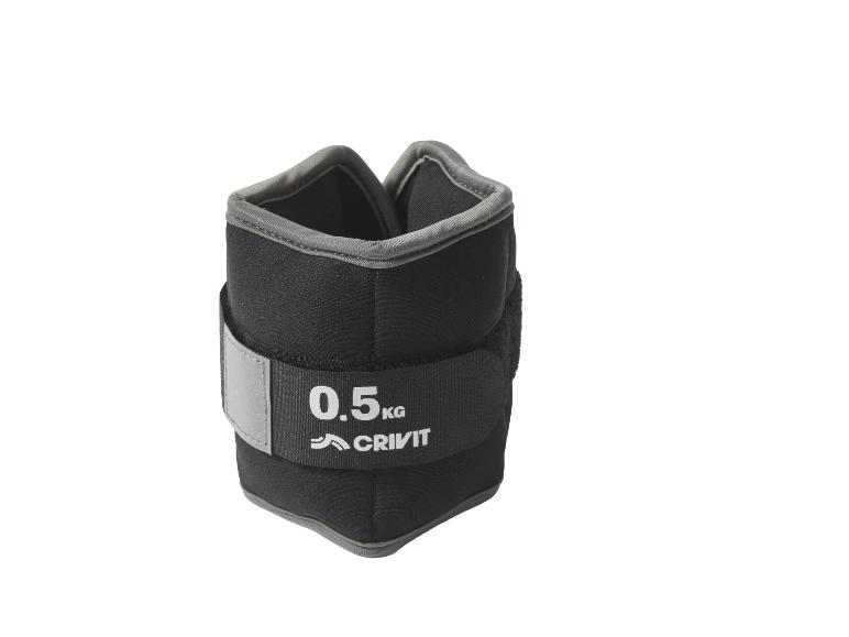 Een paar zwarte enkelgewichten van Crivit, 0,5 kg per stuk.