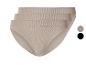 Set van drie beige geribbelde high-waist slips met zwarte en beige kleurstalen.
