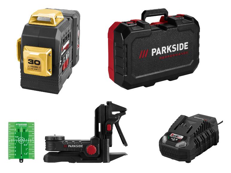 Laserwaterpas, koffer, meetinstrument, houder en oplader.