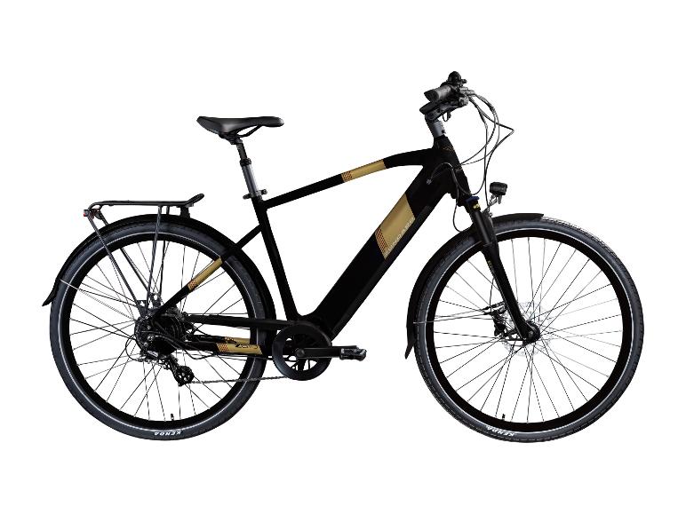Een zwarte Zündapp e-bike met gouden accenten wordt getoond tegen een witte achtergrond.