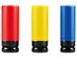 Drie gekleurde dopsleutels: rood (21 mm), geel (19 mm) en blauw (17 mm).