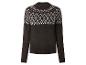 Bruine Fair Isle trui met witte en grijze patronen.
