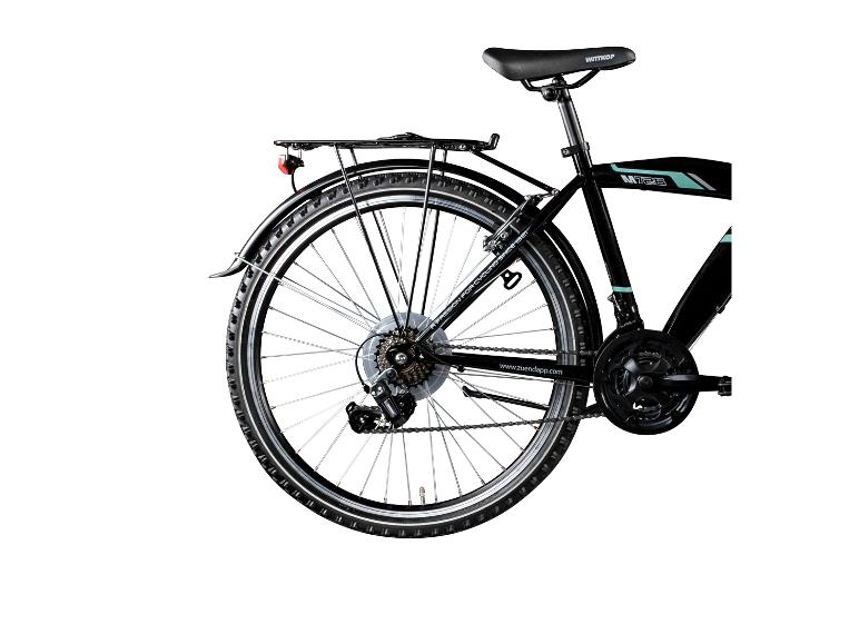 Achterkant van een fiets met bagagedrager, spatbord en versnellingssysteem.
