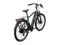 Zwarte en grijze elektrische fiets met bagagedrager, voorvering en schijfremmen.