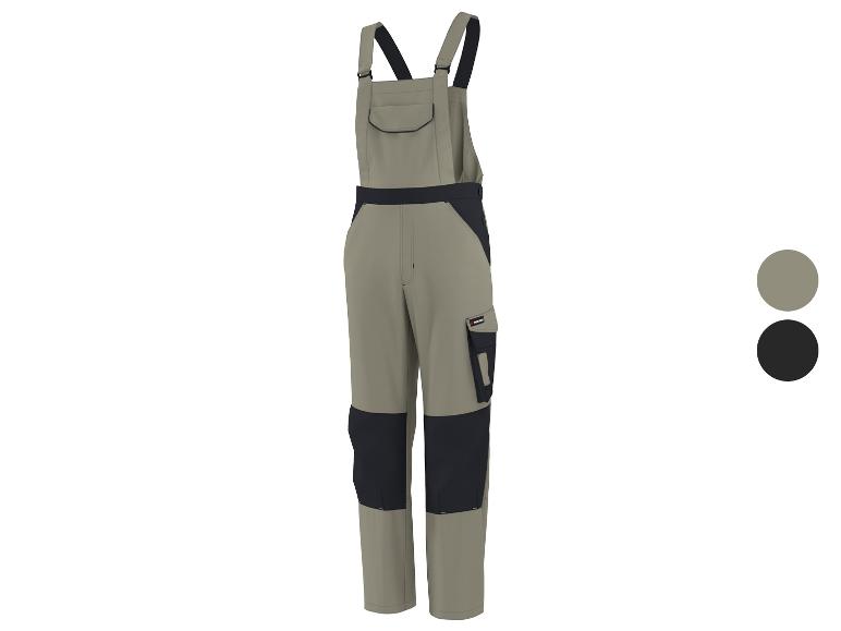 Khaki en zwarte werkoveralls met banden en zakken.