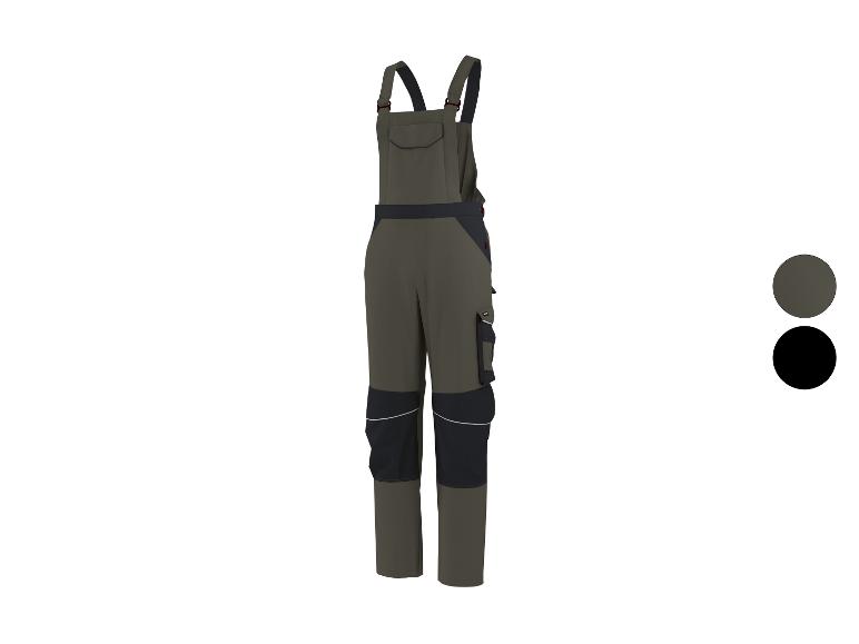 Werkbroek met bretels in groen en zwart met reflecterende details