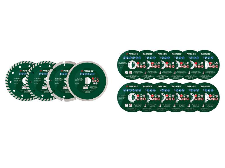 Parkside slijp- en doorslijpschijven voor haakse slijpers, met maat- en veiligheidsspecificaties.