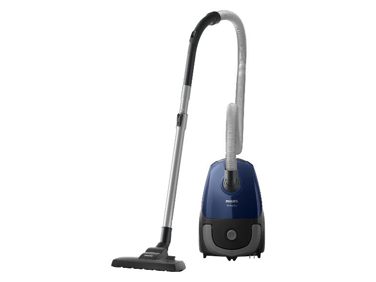 Een blauwe Philips PowerGo stofzuiger met telescopische buis en vloerzuigmond.