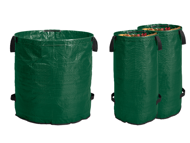 Twee grote en één kleine tuinafvalzak.