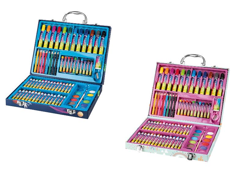 Twee kunstsets met stiften, kleurpotloden, waskrijtjes, waterverf en accessoires.