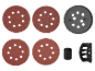 Set ronde schuurpapieren en accessoires voor een schuurmachine, inclusief een zwart schuurplateau.