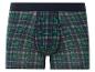 Blauwe boxershorts met groen-witte ruitjespatroon.