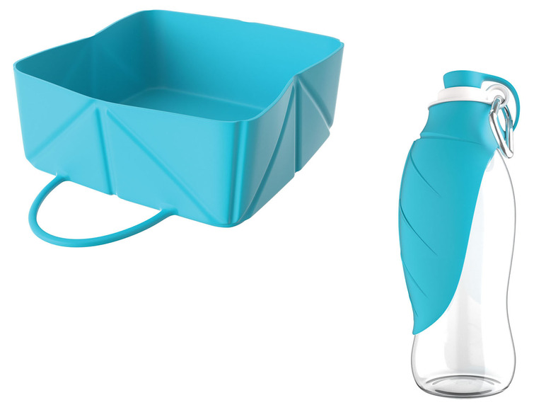 Een blauwe, vouwbare waterbak en een blauwe waterfles voor honden.