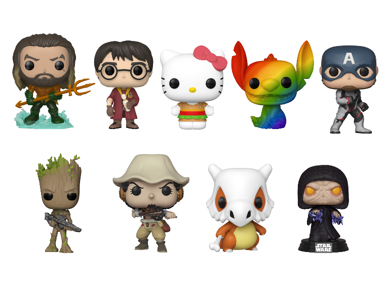 Collectie figuren met Aquaman, Harry Potter, Hello Kitty, Stitch, Captain America, Groot, Usopp, Cubone en Keizer Palpatine.