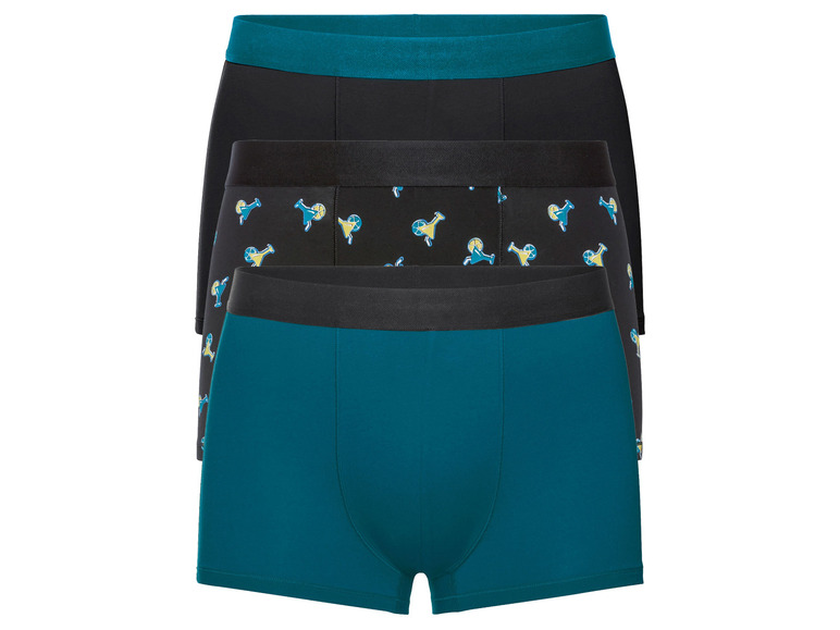 Drie boxershorts: een zwarte, een met print en een tealblauwe.