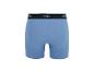 Blauwe herenboxershort met zwarte tailleband en witte opdruk.