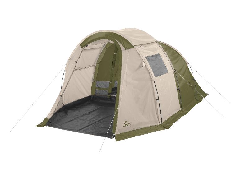 Een grote, tweekleurige beige en olijfgroene tunneltent met een open ingang.