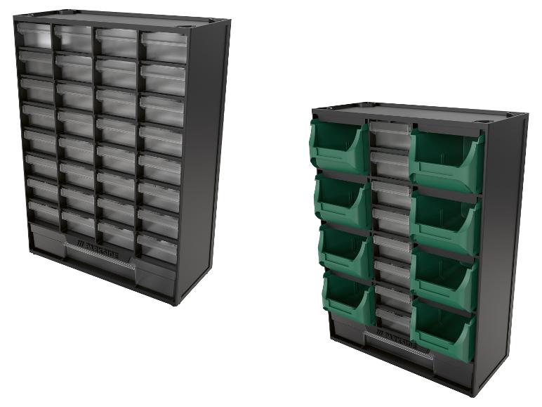 Twee zwarte opbergorganizers, één met transparante laden, de andere met groene bakken.
