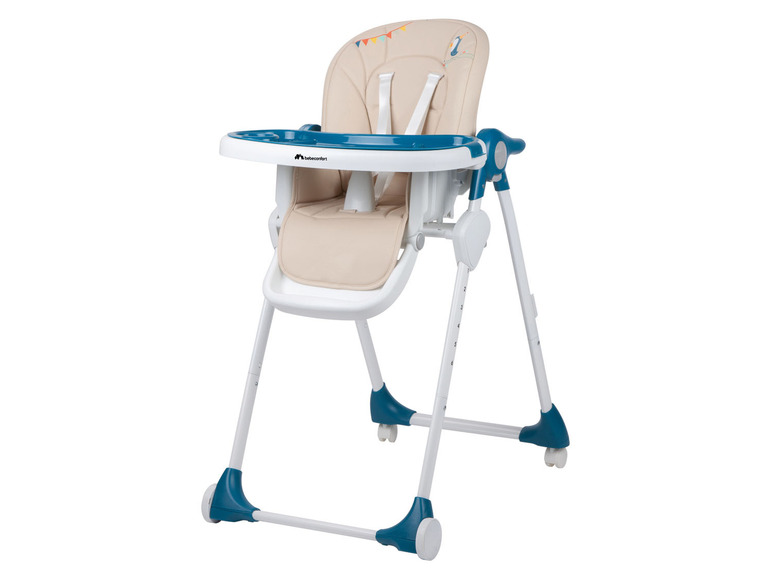 Een blauwe en beige hoge stoel van Bebe confort met wielen.