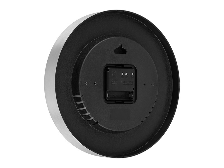 Achterkant van een ronde, zilverkleurige wandklok.