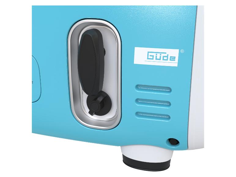 Close-up van een lichtblauwe Gude freesmachine met een zwart bedieningselement.