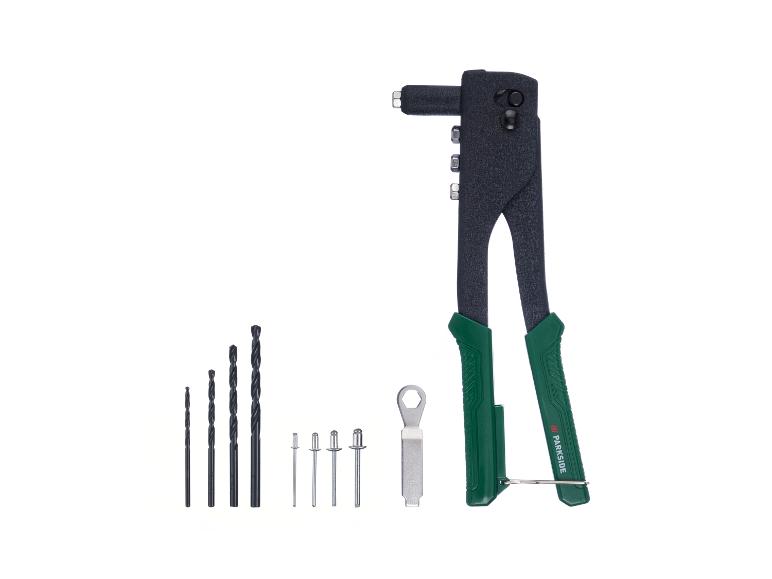 Popnageltang met boren, popnagels en sleutel.