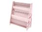 Roze kinderboekenrek met stoffen planken en bosdierenthema.