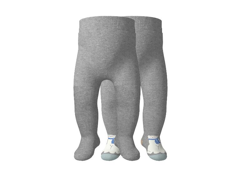 Twee paar grijze babypanty's met een witte ijsbeerprint op de voeten.