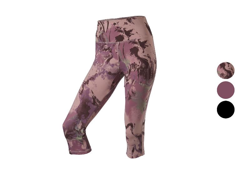 Korte dames sportlegging met paars en bruin marmerpatroon.
