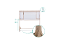 Verstelbare baby co-sleeper met gaaszijden, toont hoogte-instellingen van 44cm, 46cm en 48cm.