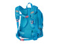 Blauwe schooltas met roze details en stippenpatroon.