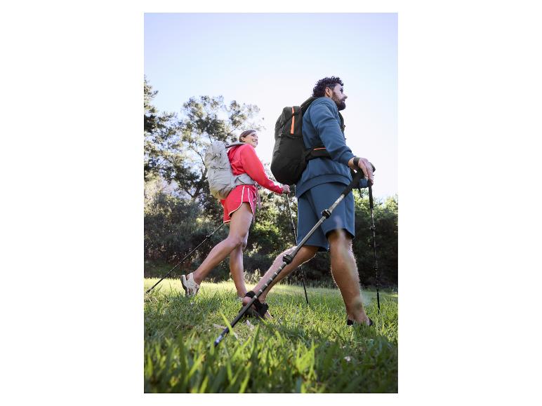 Twee wandelaars met rugzakken en wandelstokken in een groen bos.