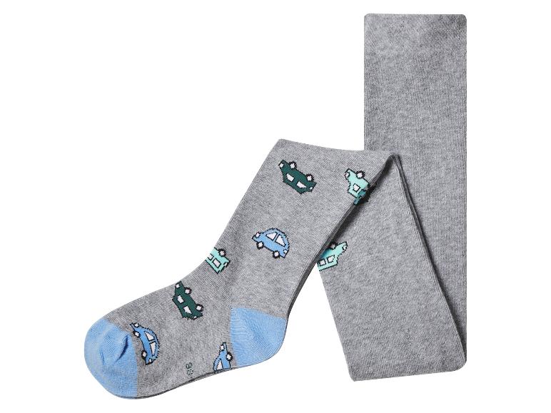 Grijze kinderpanty met blauwe en groene auto's, blauwe tenen en hiel.