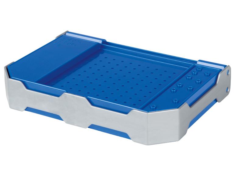Blauwe organizerbak met gaten en metalen details voor klein gereedschap.