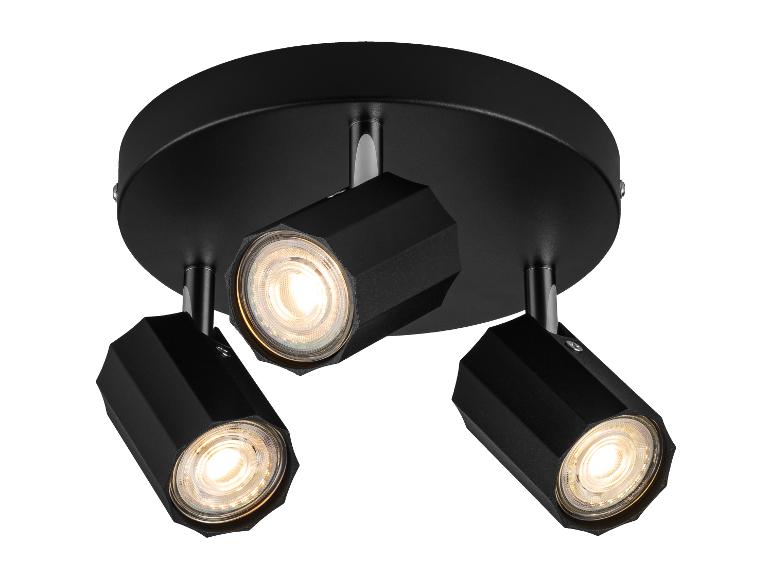 Zwarte plafondlamp met drie verstelbare spots.
