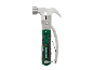 Groen en grijs multifunctioneel gereedschap met hamer en tang tegen een zwarte achtergrond.
