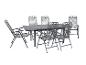 Metalen tuinset met uitschuifbare tafel en zes stoelen.