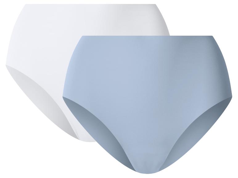 Twee paar dames high-waist slips, één wit en één lichtblauw.