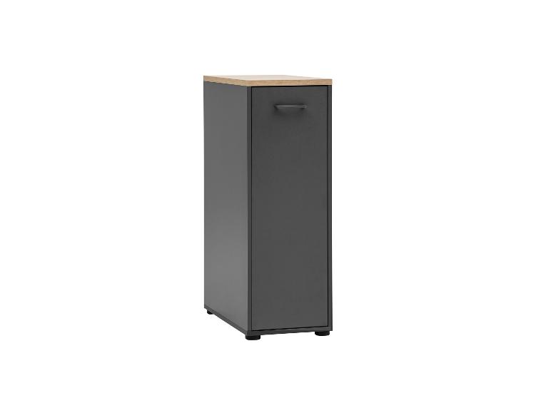 Smalle grijze hoge kast met licht houten blad en horizontale handgreep