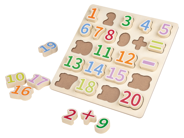 Houten puzzel met cijfers en wiskundige symbolen voor kinderen.