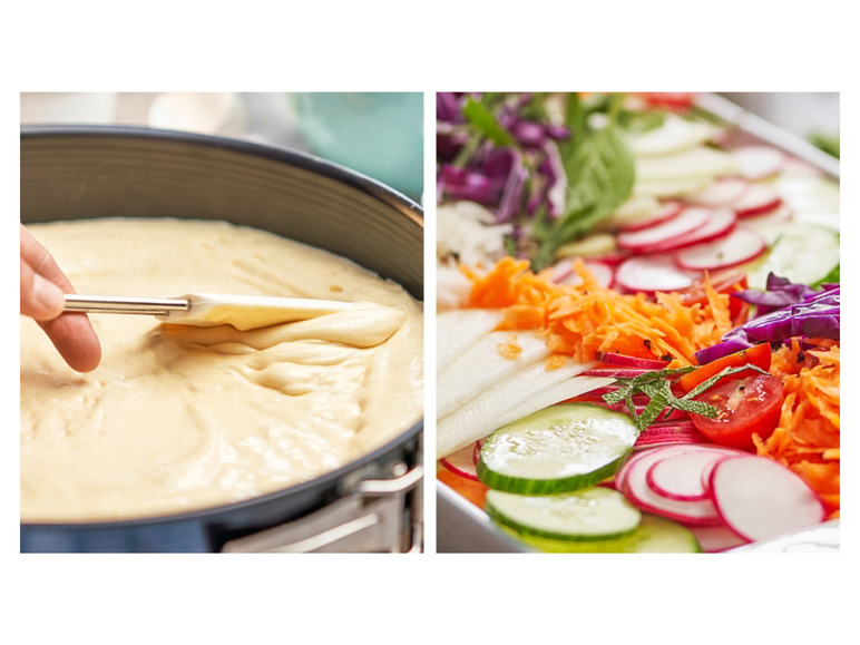 Cakebeslag in een bakvorm en een kleurrijke salade met komkommer, radijs en wortel.