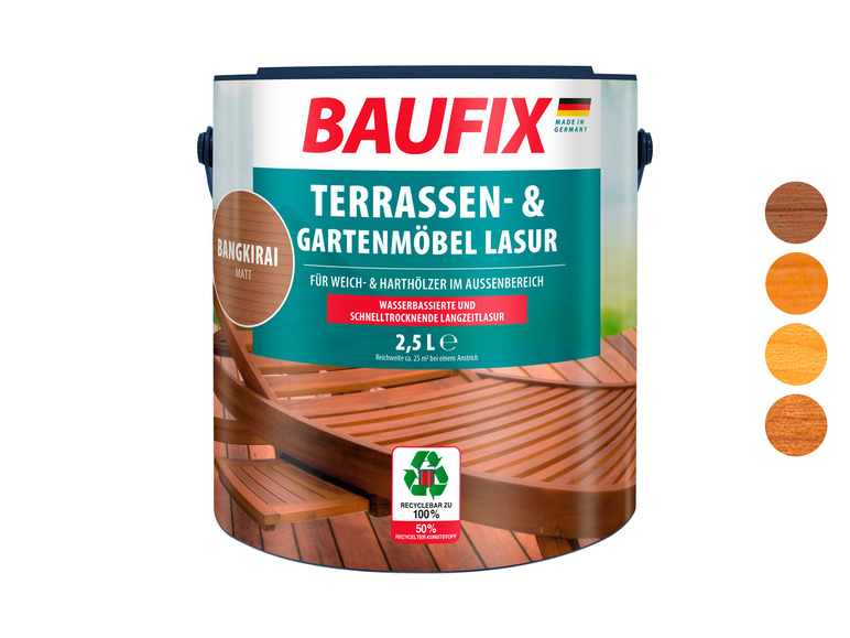 Baufix terras- en tuinmeubellazuur voor hard- en zachthout, 2,5 liter.