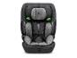 Grijs en zwart kinderautostoeltje met veiligheidsgordels, tekst 'Flux Isofix eXT'