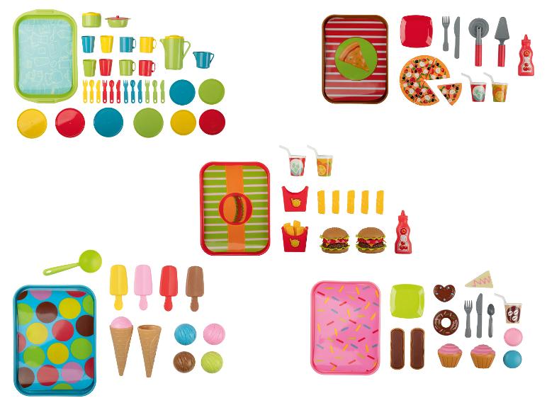 Speelgoed keukensets met serviesgoed, eten en accessoires om pizza, hamburgers, ijs en andere snacks te maken.