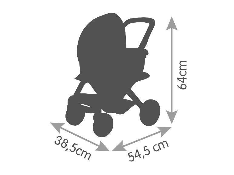 Een babywagen met afmetingen: 64 cm hoog, 54,5 cm breed en 38,5 cm diep.