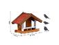 Houten vogelvoederhuisje met rood dak, 25x18x37,5 cm, met vogelsilhouetten.
