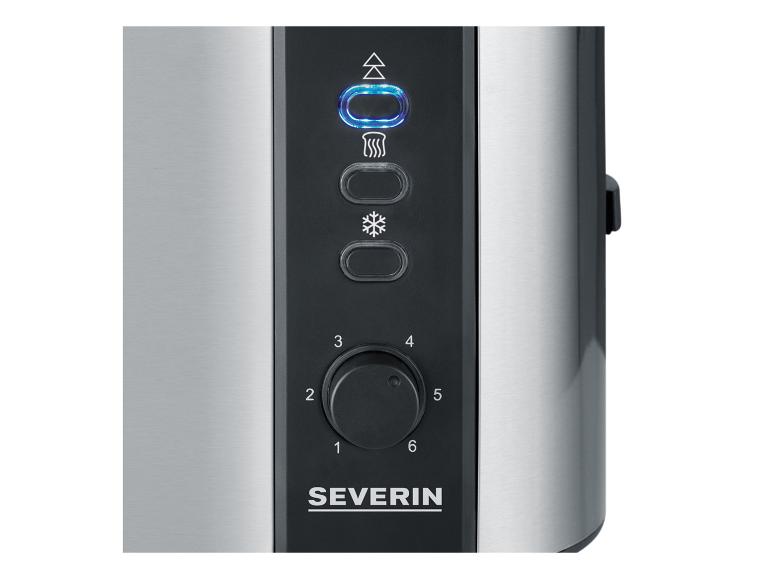 Severin broodrooster bedieningspaneel met zilveren afwerking, draaiknop en verlichte knoppen.