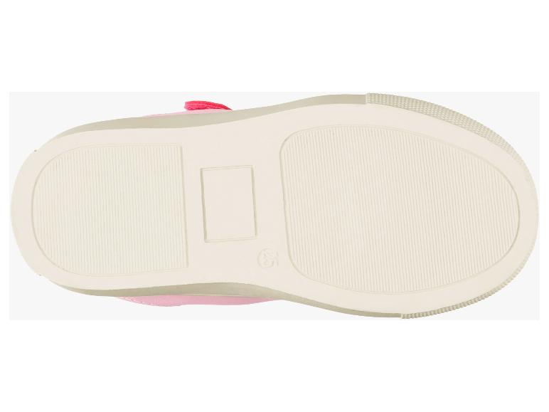 Roze kinderschoen met witte zool en maat 23 op de zool gedrukt.